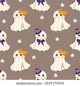 Cute Halloween seamless pattern with adorable ghost and stars. Vector background in Scandinavian for design textile or backdrop. Halloween holiday concept