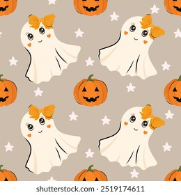Cute Halloween seamless pattern with adorable ghost and pumpkin. Scandinavian Vector background for design textile or backdrop. Halloween holiday concept
