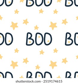 Cute Halloween seamless pattern with adorable boo phrase and stars. Vector background in Scandinavian for design textile or backdrop. Halloween holiday concept
