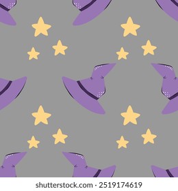 Bonito Halloween padrão sem costura com chapéu de bruxa adorável, boo frase e estrelas. Fundo de vetor em estilo escandinavo para design têxtil ou fundo. Conceito de feriado de Halloween