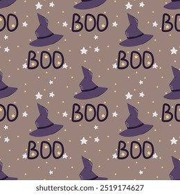 Bonito Halloween padrão sem costura com chapéu de bruxa adorável, boo frase e estrelas. Fundo de vetor em estilo escandinavo para design têxtil ou fundo. Conceito de feriado de Halloween