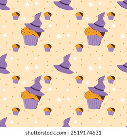 Bonito Halloween padrão sem costura com adorável cupcake em chapéu de bruxa. Fundo de vetor para design têxtil ou fundo. Conceito de feriado de Halloween