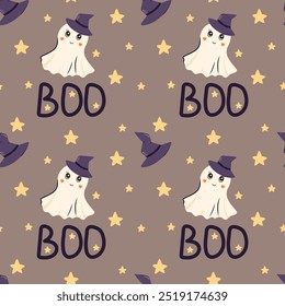 Bonito Halloween padrão sem costura com fantasma adorável e chapéu de bruxa. Fundo Vetor escandinavo para design têxtil ou fundo. Conceito de feriado de Halloween