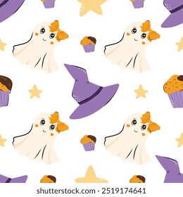 Bonito Halloween padrão sem costura com fantasma adorável e chapéu de bruxa. Fundo de vetor para design têxtil ou fundo. Conceito de feriado de Halloween