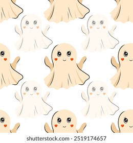 Cute Halloween seamless pattern with adorable ghost. Vector background for design textile or backdrop. Halloween holiday concept