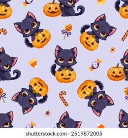 Cute Halloween seamless pattern with adorable black cats playing with pumpkin jack-o-lanterns, candies and spooky treats