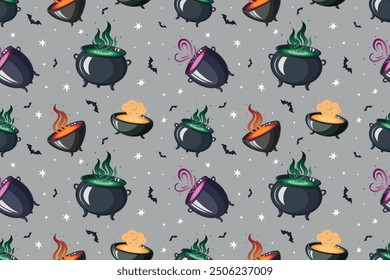 Cute Halloween seamless pattern. Halloween background with magicwitch cauldron, stars and bats. Kids print. Vector illustration