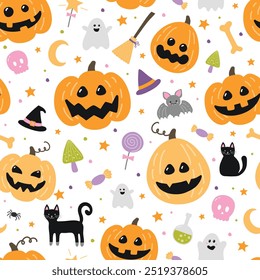 Cute Halloween seamless pattern. Background design. Vector illustration