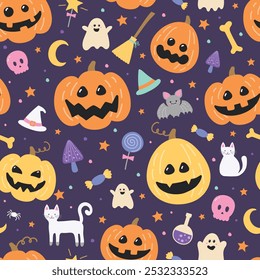 Cute Halloween seamless pattern. Background design. Vector illustration