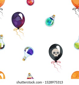 Cute Halloween seamless pattern with baloons and potion bottle.