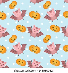 Cute Halloween seamless pattern with bat and pumpkin.
