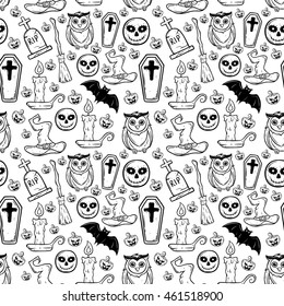 Cute halloween seamless pattern with bat, owl, ghost, pumpkin, coffin and tombstone