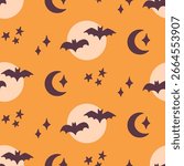 Cute Halloween Seamless Pattern with Bats and Full Moon. Hand drawn doodles design wallpaper, wrapping paper, vintage minimalist repeat background. Vector Illustration.