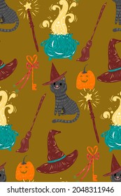 Cute Halloween seamless pattern with black cat, witch's cauldron and magic wand. 
