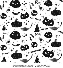 Cute Halloween Seamless Pattern Black Cat and Skull Doodle Drawing on White Background