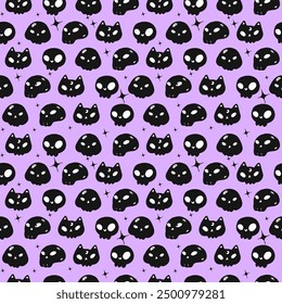 Cute Halloween Seamless Pattern Black Cat and Skull Doodle Drawing on purple Background