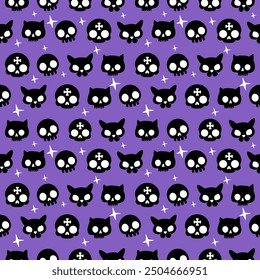 Cute Halloween Seamless Pattern Black Cat and Skull on purple Background.