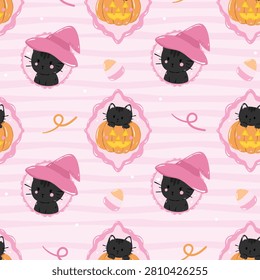 cute halloween seamless pattern with black cats wearing witch hats and pumpkin , jack-o'-lanterns, and candy corn on a pink striped background