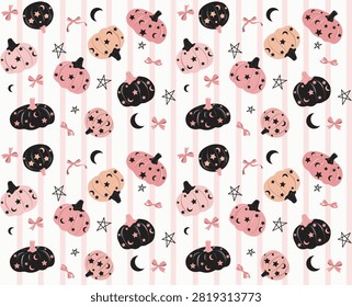 Cute Halloween seamless pattern with black and orange pumpkins. Celestial spooky background for autumn festive season, wrapping paper, and party decor. Vector illustration.