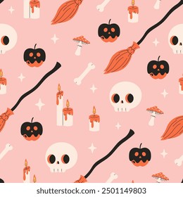 Lindo patrón sin fisuras de Halloween con escoba, cráneo, velas, huesos. Imprimir para Anuncios, Fondos de pantalla, textiles, papel de regalo. Ilustración vectorial en estilo plano