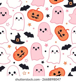 Lindo patrón de Halloween sin fisuras de lindo diseño de dibujos animados de halloween para textiles, postales, papel de regalo, Fondo de pantalla. Ilustración vectorial