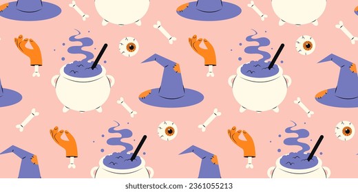 Cute Halloween seamless pattern with cauldron, hat, hand and eyes on pink background. Various flat elements. Pattern for wrapping paper and print design. Vector stock illustration in cartoon style