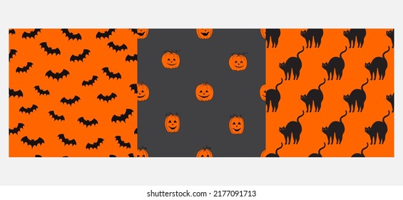 Cute Halloween seamless pattern collection on grey and orange background. Vector illustration for fabric, cover, package, wrapping paper, textile, for kids.