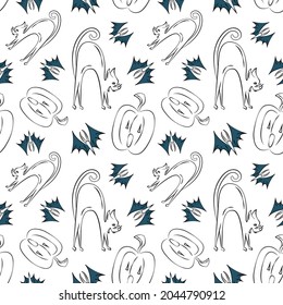 Cute Halloween seamless pattern with doodle cats, bats and jack o'lantern pumpkins. Festive print in hand drawn style. Spooky wallpaper design, party dishes, wrapping paper, greeting card, invitation.