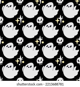 Cute Halloween seamless pattern in doodle style. Cartoon flying ghosts and sculls on black background.