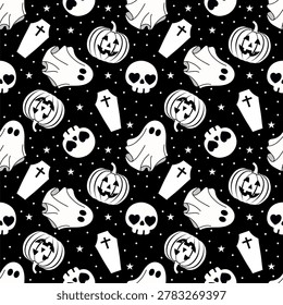 Cute Halloween seamless pattern featuring ghosts, skulls, pumpkins and coffins on black background. Fun spooky repeating design.
