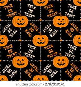 Cute Halloween seamless pattern featuring orange jack o lantern pumpkins, spider webs and trick or treat lettering on a dark background.