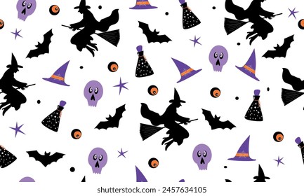 Cute Halloween seamless pattern. Flying witch on a broom and other Halloween details