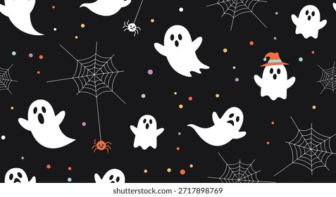 Lindo patrón sin fisuras de Halloween con fantasmas amistosos, arañas y telas de araña sobre un fondo negro, perfecto para la ropa festiva de los niños.