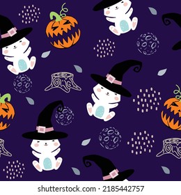 Halloween lindo. Patrón sin foco con un divertido conejo de Halloween con sombrero de bruja con calabaza sobre fondo morado. Ilustración vectorial. Colección de niños pequeños