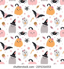 Cute Halloween seamless pattern. Funny pumpkin, spooky ghost, black cat and spider. Pink colors, childish print party decoration. Decor textile, wrapping paper, wallpaper design. Vector background