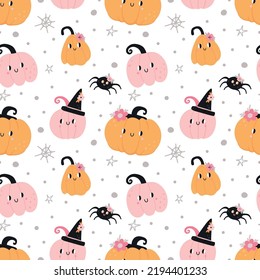 Un lindo patrón de Halloween sin fisuras. Calabaza divertida y araña. Colores rosas, decoración de fiesta infantil. Decoración textil, papel de envoltura, diseño de papel pintado, fondo vectorial