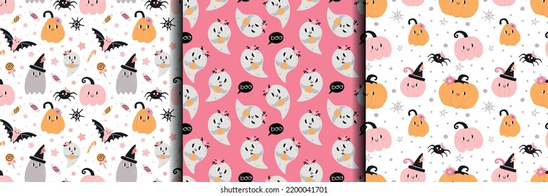 Cute Halloween seamless pattern. Funny pumpkin, spooky ghost, black cat and spider. Pink colors, childish print party decoration. Decor textile, wrapping paper, wallpaper design. Vector background