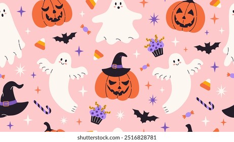 Cute Halloween seamless pattern. Funny ghosts, hats, fun pumpkins, bats, candy and stars. Pink background. Kids print. Vector flat illustration.