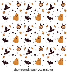 Cute Halloween seamless pattern. Ghost, pumpkin, fall ornament background.