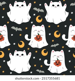 Cute halloween seamless pattern with ghost cats, jack o'lantern pumpkins, crescent moon, bats, stars on black background