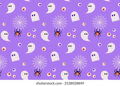Cute Halloween Seamless Pattern with ghost, spider, spider web and eyes on purple background. Vector illustration with spooky repeating print. in minimalist flat style
