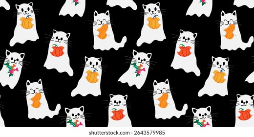 cute halloween seamless pattern with ghost cats holding pumpkins and colorful candies on a black background for holiday decor