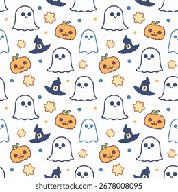 Cute Halloween seamless pattern with Cute Ghost, Pumpkin, Witch hat on white background. design for fabric print, postcards, gift wrapping paper, wallpaper. Vector illustration