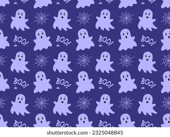 Cute Halloween seamless pattern with ghosts, boo, spider web on blue background, editable illustration, flat design