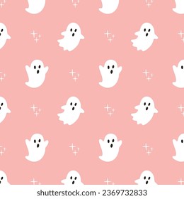 Cute halloween seamless pattern with ghosts on pink background. Vector illustration.