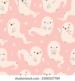 Cute Halloween seamless pattern with ghosts, spirits. Halloween characters. Ghost print for banners, wallpapers, textiles, wrapping paper. Vector illustration in flat style