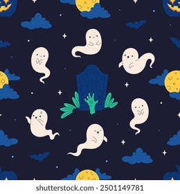 Cute Halloween seamless pattern with ghosts, full moon, grave. Halloween characters. Print for banners, wallpapers, textiles, wrapping paper. Vector illustration in flat style