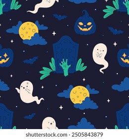 Cute Halloween seamless pattern with ghosts, pumpkin, full moon, grave. Halloween characters. Print for banners, wallpapers, textiles, wrapping paper. Vector illustration in flat style