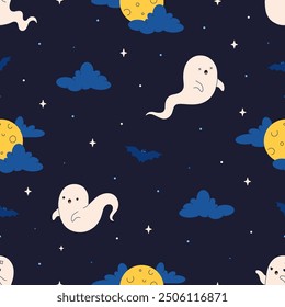 Lindo patrón de Halloween sin fisuras con fantasmas y luna llena. Personajes de Halloween. Imprimir para Anuncios, Fondos de pantalla, textiles, papel de regalo. Ilustración vectorial en estilo plano