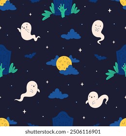 Cute Halloween seamless pattern with ghosts, full moon, grave. Halloween characters. Print for banners, wallpapers, textiles, wrapping paper. Vector illustration in flat style